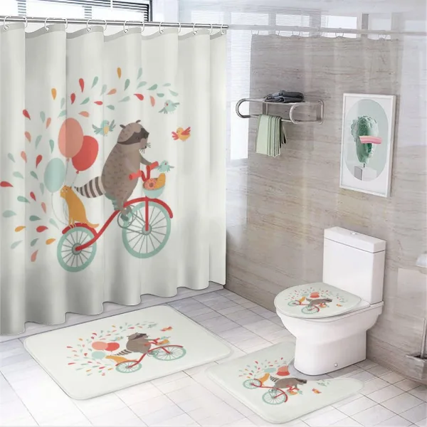 Cheerful Raccoon Bike on a shower curtain