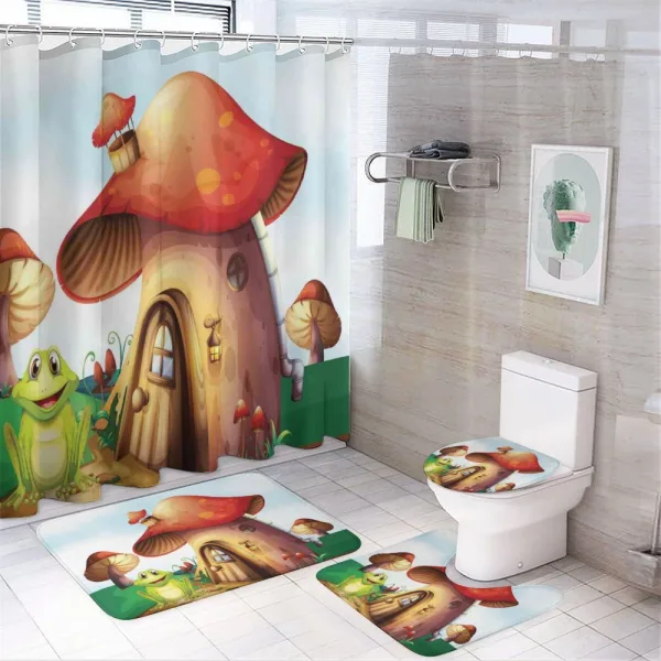 Cartoon Mushroom Houses on a shower curtain