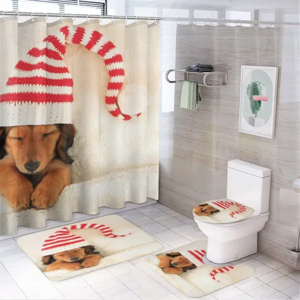 Dog in Christmas Elf Hat on a shower curtain