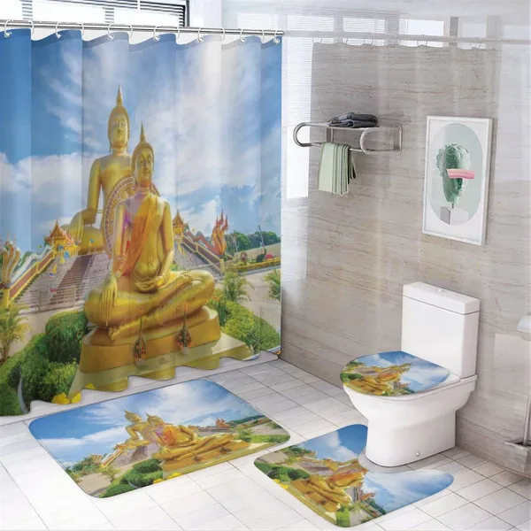 Mediate Statue Building on a shower curtain