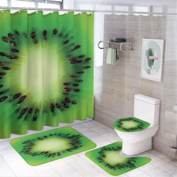 Close up Photo Sliced Fruit on a shower curtain