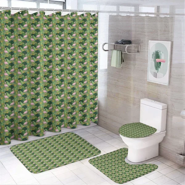 Flamingos Monstera Leaves on a shower curtain