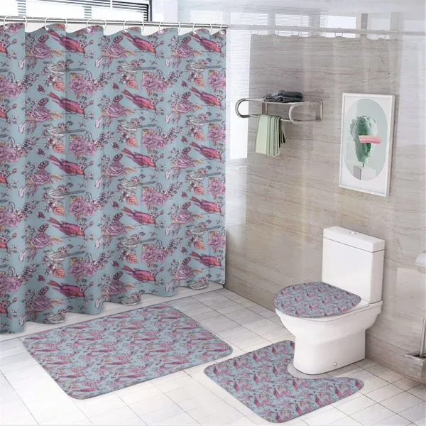Perching Birds and Flowers on a shower curtain