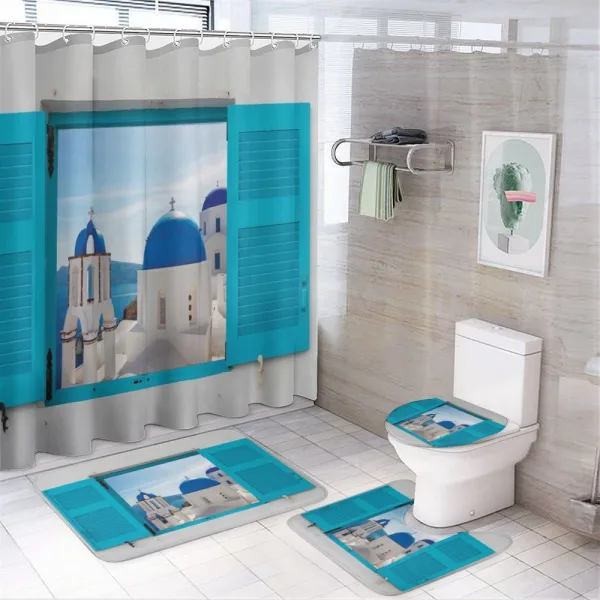 Greece Oia Building on a shower curtain