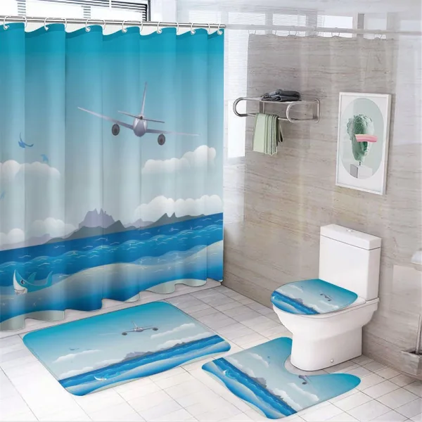 Plane Fly on Sea and Shark on a shower curtain