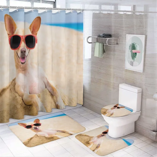 Cool Dog at Sandy Beach on a shower curtain