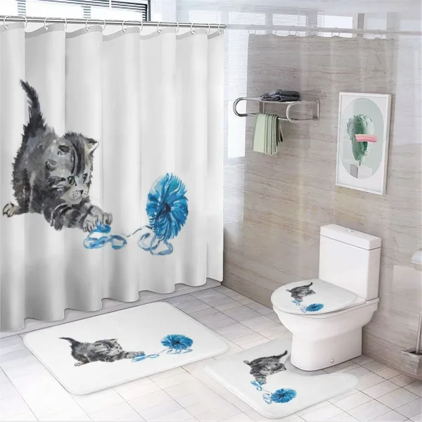 Playful Baby Kitten Furry on a shower curtain
