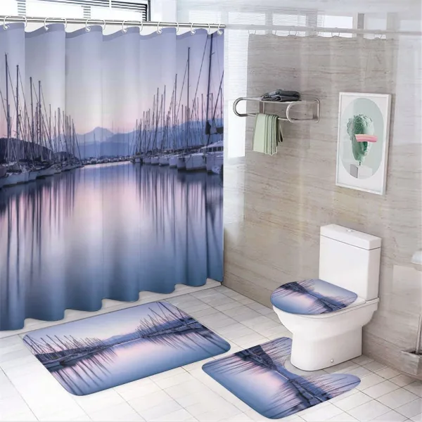 Yacht Harbor in Sunrise on a shower curtain
