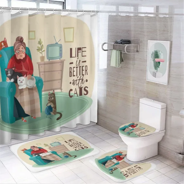 Lady in Armchair and Kitten on a shower curtain