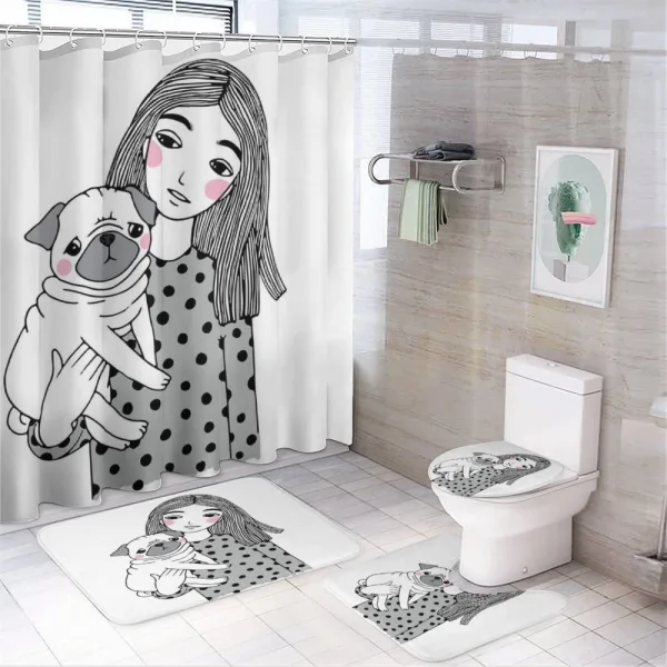 Girl Holding Her Pug Love on a shower curtain