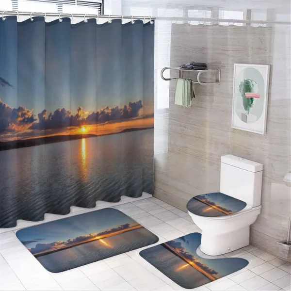Sunset over Lake Horizon on a shower curtain