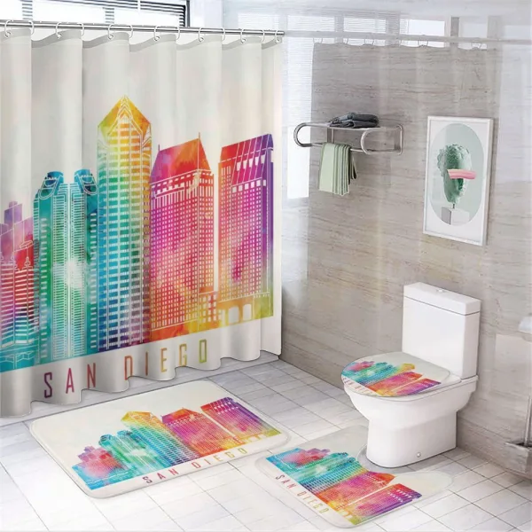 Watercolored Landmarks on a shower curtain