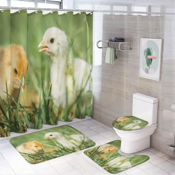 Close up Photo Baby Chickens on a shower curtain