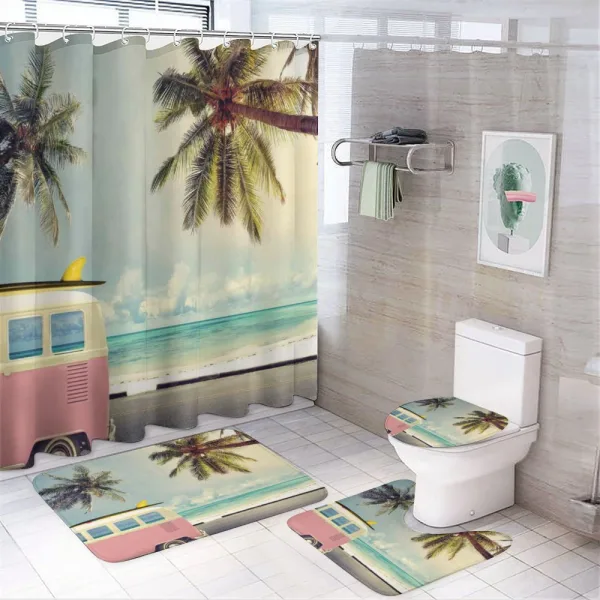 Retro Minivan on Beach on a shower curtain