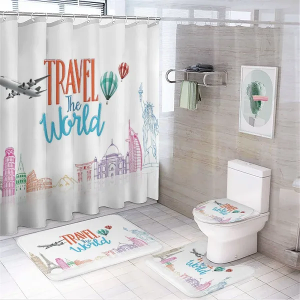 Travel World Lettering on a shower curtain