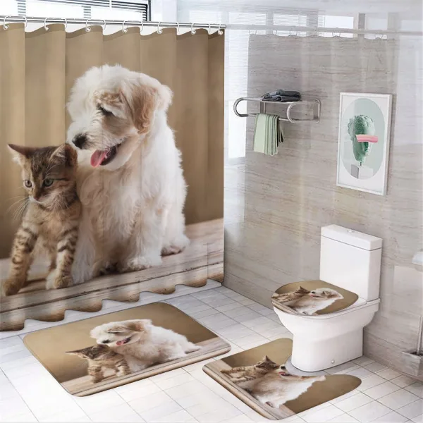 Kitten and Dog Friends on a shower curtain