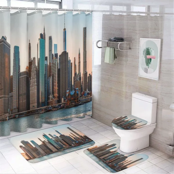 Manhattan New York Skyline Dusk on a shower curtain