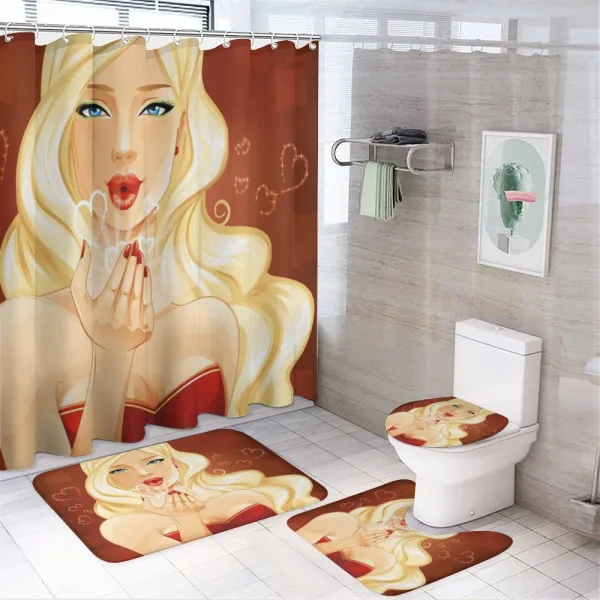 Young Blonde Woman Kisses on a shower curtain