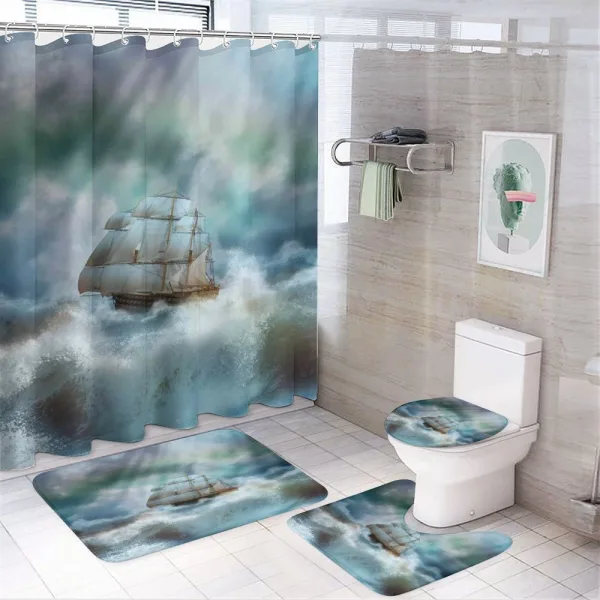 Pirate Ship on Wavy Sea on a shower curtain