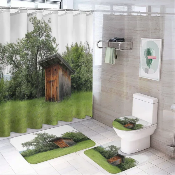 Wooden Hut in Forest on a shower curtain