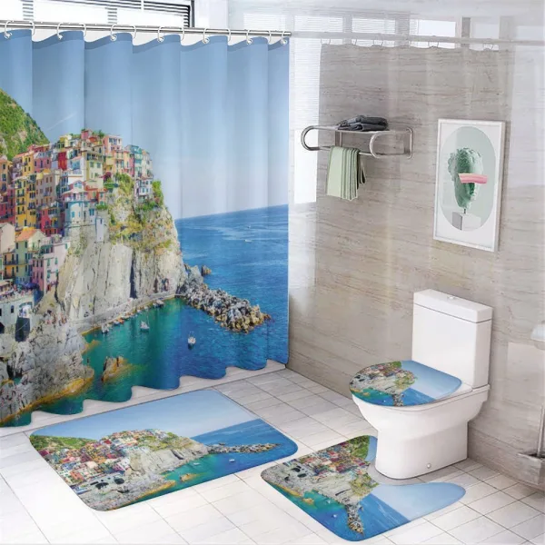 Colorful Coastal Village on a shower curtain