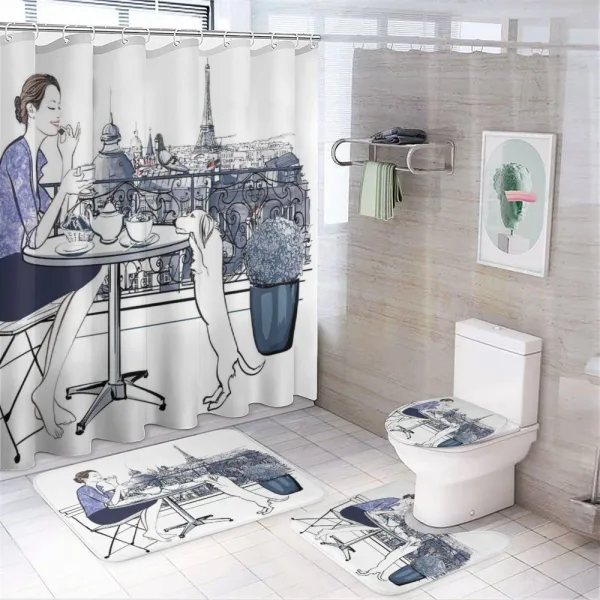 Woman Having Breakfast Paris on a shower curtain