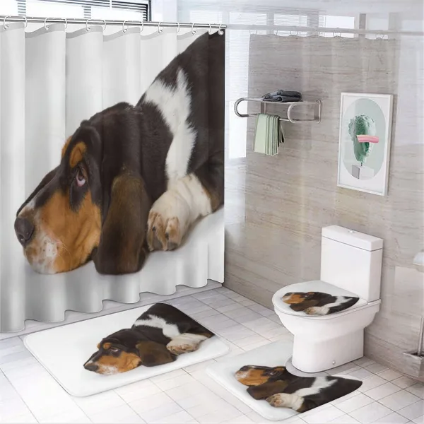 Innocently Lying Dog on a shower curtain