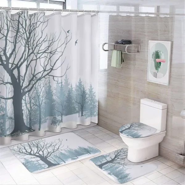 Snowy Forest Trees Birds on a shower curtain