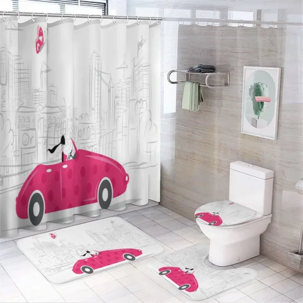 Woman Driving Vintage Car on a shower curtain