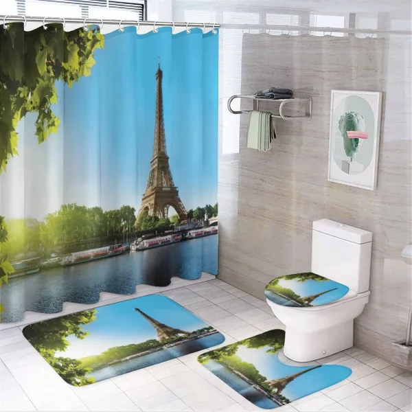 Sunny Day Eiffel Tower River on a shower curtain