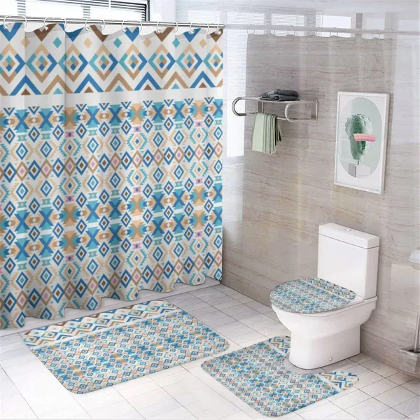 Geometric Native Aztec Motifs on a shower curtain