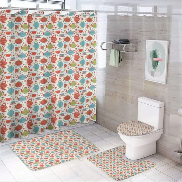Pots Cups and Spoons on a shower curtain
