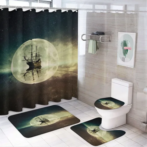 Old Ship Sea Moonlight on a shower curtain