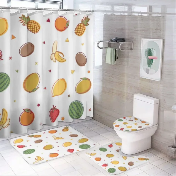 Pineapple Banana Orange Kiwi on a shower curtain
