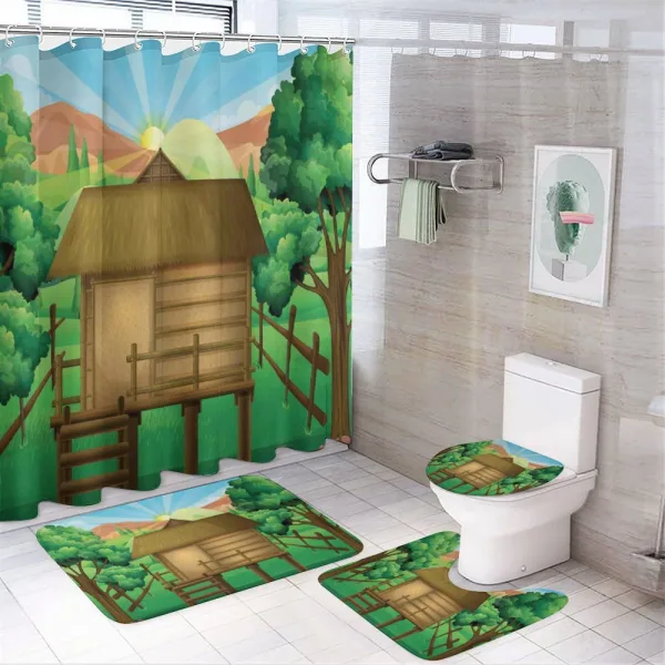 Wooden Hut Shelter and Sun on a shower curtain