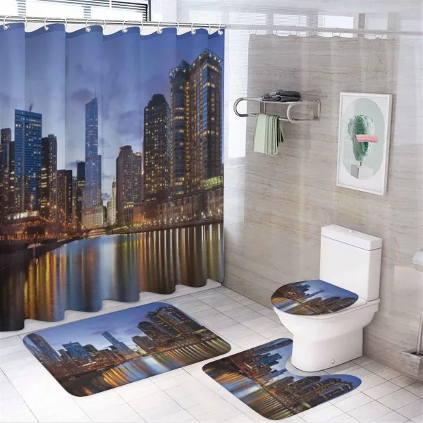Chicago Riverside at Night on a shower curtain