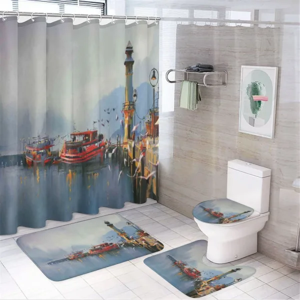 Harbor Boats and Birds on a shower curtain