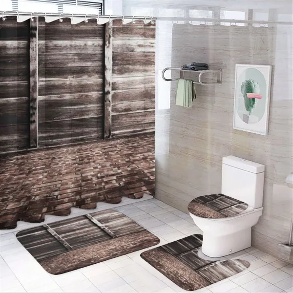 Brick Floor Wooden Wall on a shower curtain