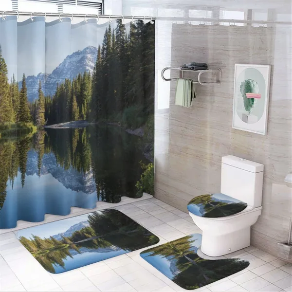 Fir Tree Reflections on Lake on a shower curtain