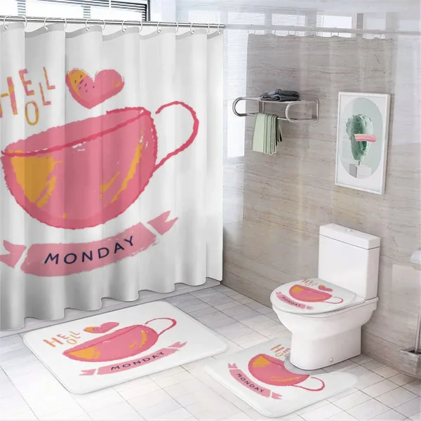 Hello Monday Text and a Mug on a shower curtain