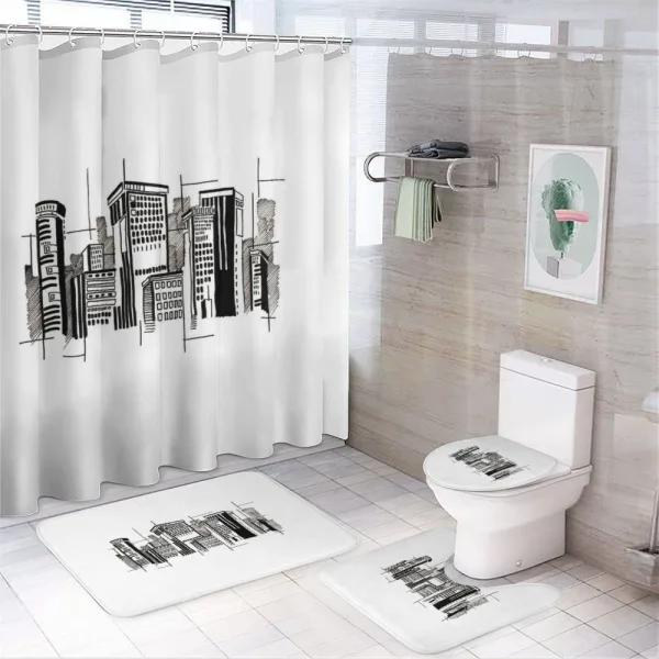 Monochrome City Building on a shower curtain