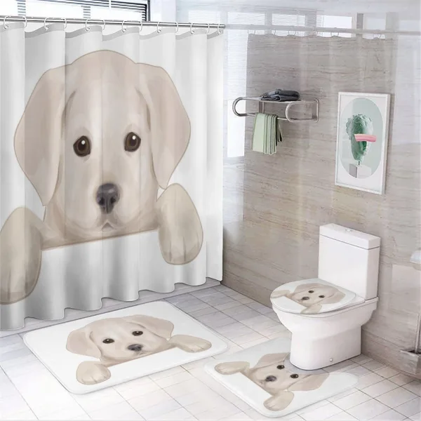 Puppy Hiding Paws on a shower curtain
