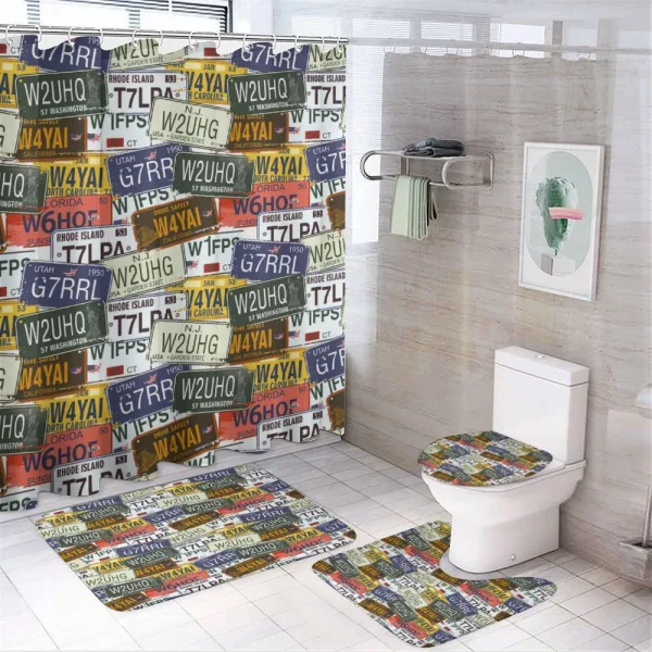 Retro Auto License Plates on a shower curtain
