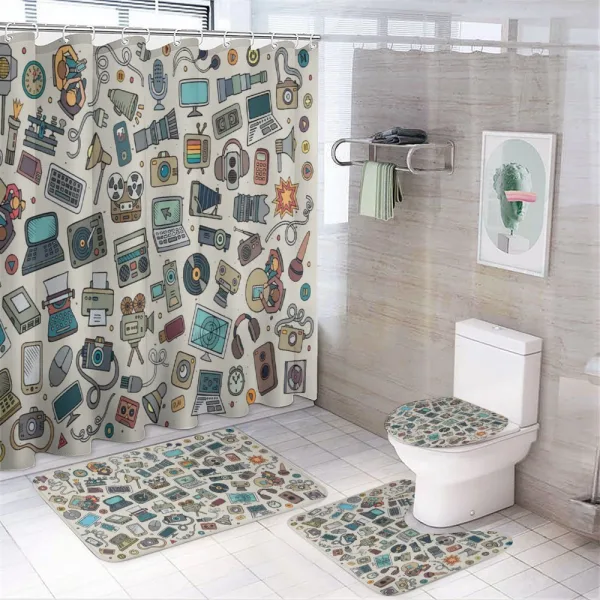 Various Ofice Gadgets on a shower curtain