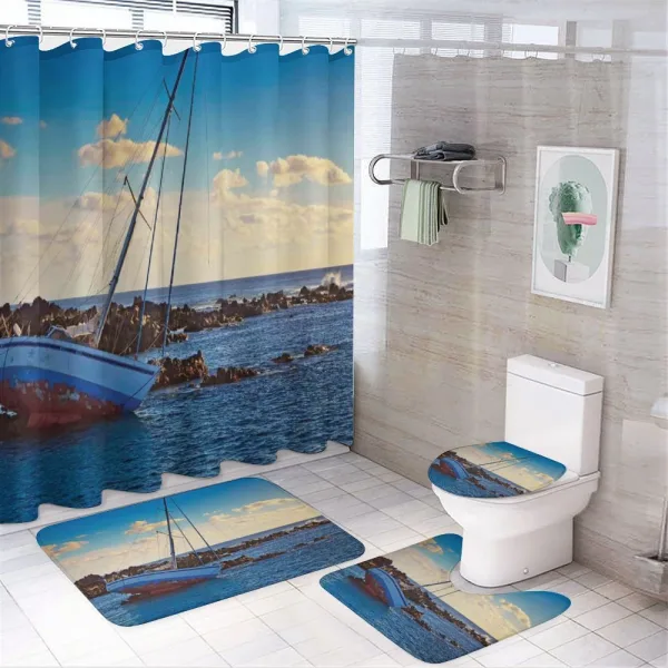 Yacht on Rocks Harbor on a shower curtain