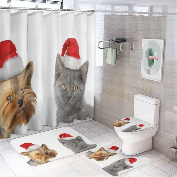Cat Dog Xmas Hats on a shower curtain