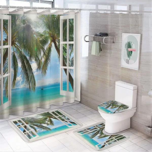 Window to the Exotic Beach on a shower curtain