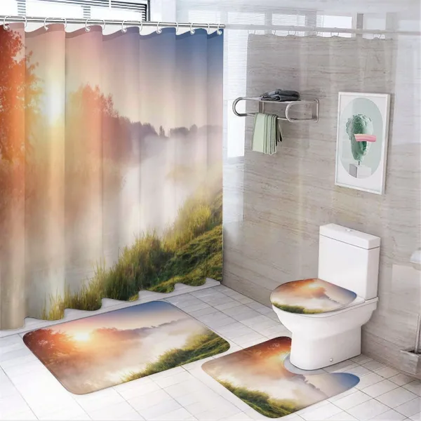 Sunbeams Foggy Mountain on a shower curtain