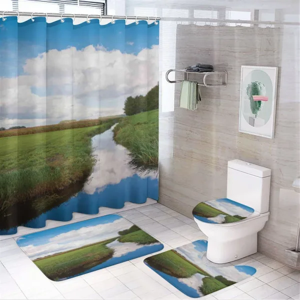 Calm River Meadow Trees on a shower curtain