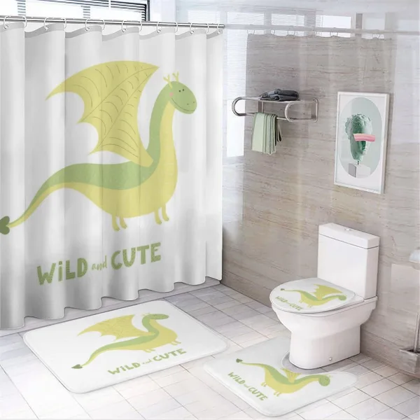 Typography and Fantasy Dino on a shower curtain